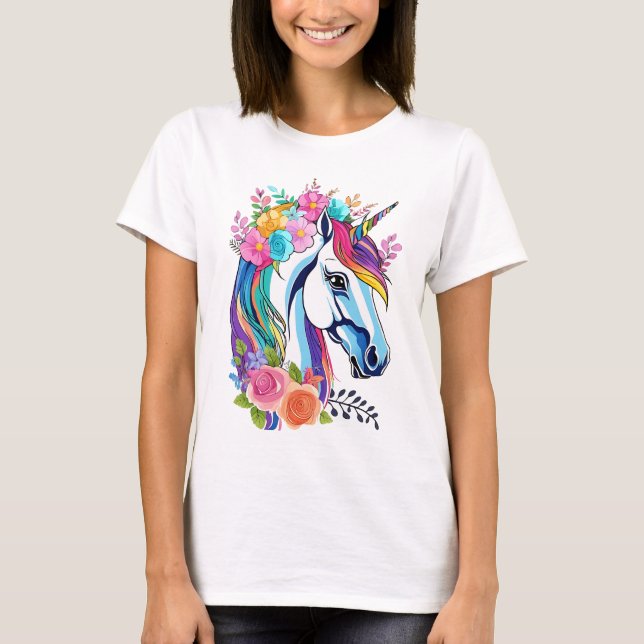 Camiseta Cute Floral Unicornio Diseño Mujeres (Anverso)
