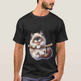 Camiseta Cute Fluffy Cat Hanging on Rope Playful Art ✨🐾🪢