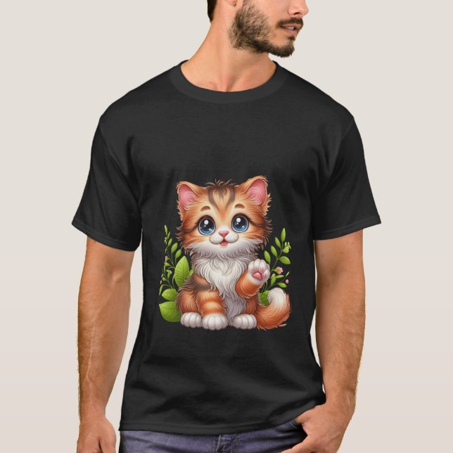 Camiseta Cute Fluffy Ginger Cat Waving Hello Art ✨🐾🌿 (Anverso)