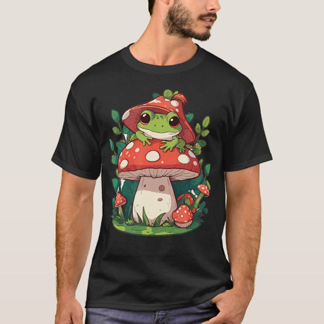 Camiseta Cute Frog On Mushroom Cartoon Aesthetic (Anverso)