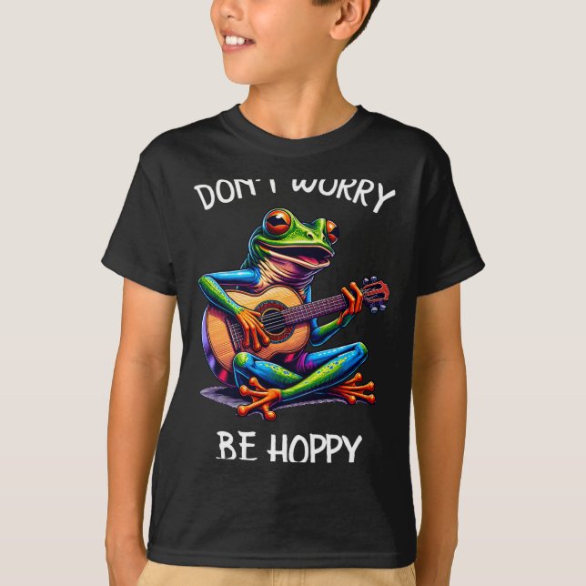 Camiseta Cute Frog Playing A Guitar Dont Worry Be Hoppy _1  (Anverso)
