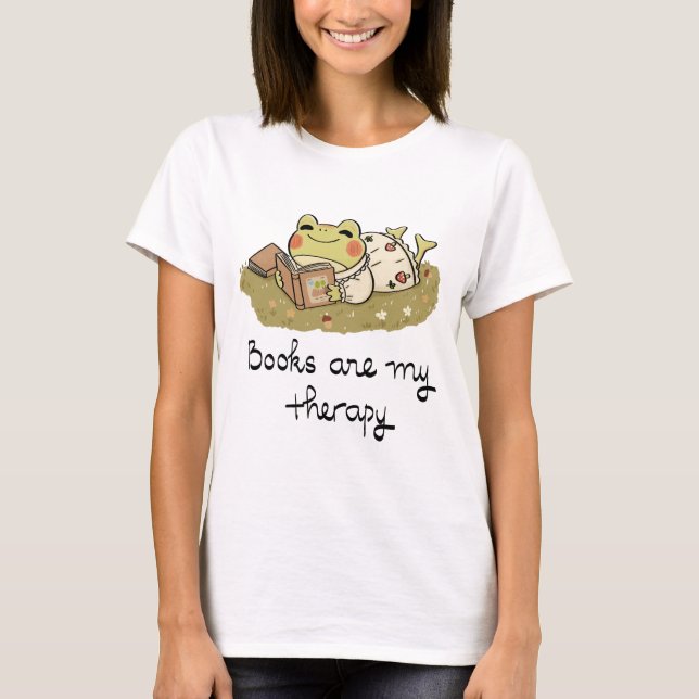 Camiseta Cute Frog Reading - Books Are My Therapy (Anverso)