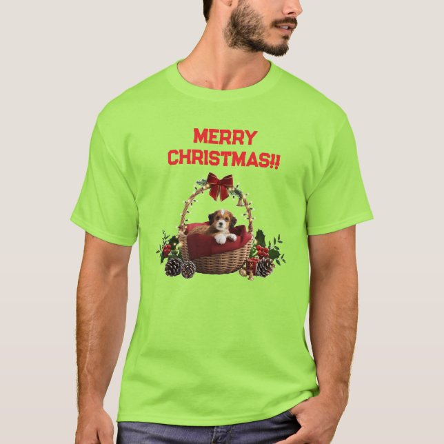 Camiseta Cute Fun Merry Christmas Puppy Basket (Anverso)