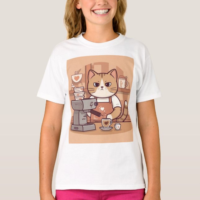 Camiseta Cute Funny Cartoon Barista Cat Kid's T-shirt (Anverso)