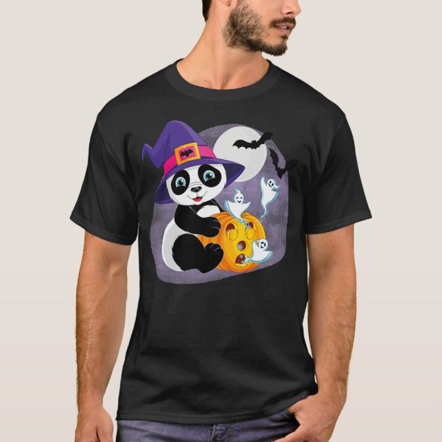 Camiseta Cute, Funny Halloween Panda Witch with a Pumpkin (Anverso)