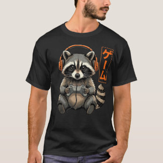 Camiseta Cute Gamer Mapache Kanji Mandos De Juego
