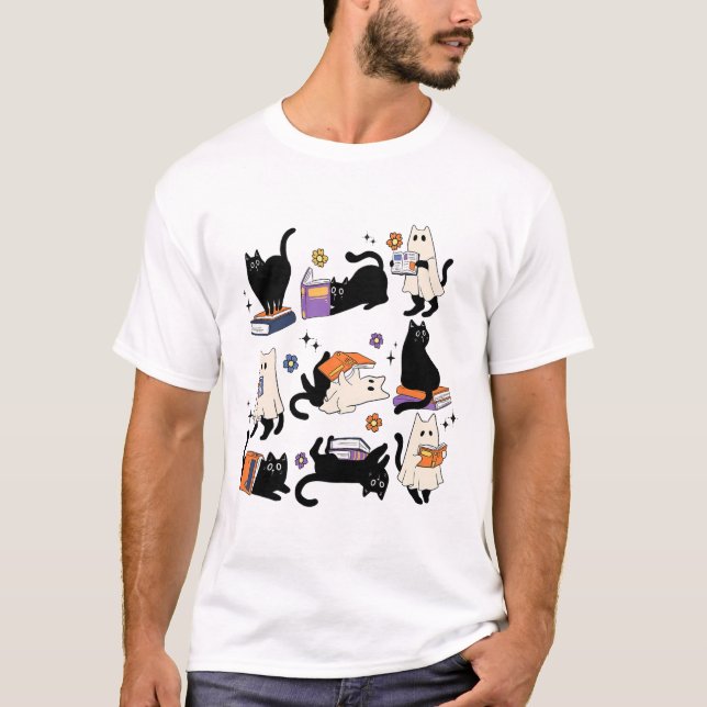 Camiseta Cute Gato Fantasma Leer Libros Enamorar Halloween (Anverso)