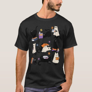 Camiseta Cute Gato Fantasma Leer Libros Enamorar Halloween