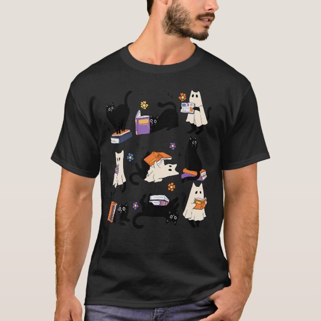 Camiseta Cute Gato Fantasma Leer Libros Enamorar Halloween (Anverso)