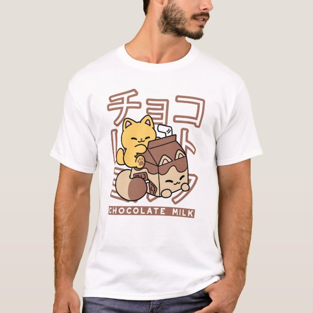 Camiseta Cute gato montando leche de chocolate Carton Kawai (Anverso)