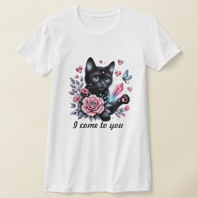 Camiseta Cute gato negro cargando flores (Distribución)