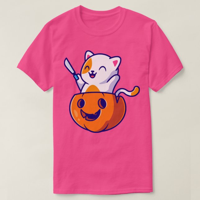 Camiseta Cute gato Sostengo Cuchillo En Calabaza Helloween  (Diseño del anverso)