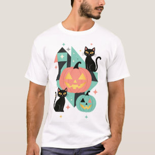 Camiseta Cute Geometric Pastel Halloween Black Cats Pumpkin