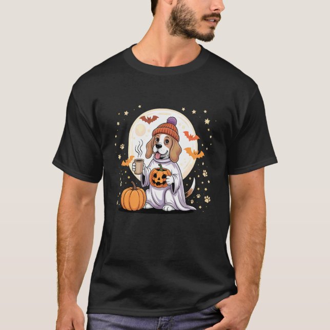 Camiseta Cute Ghost Beagle Pumpkin Drinks Beanie Otoño Hall (Anverso)