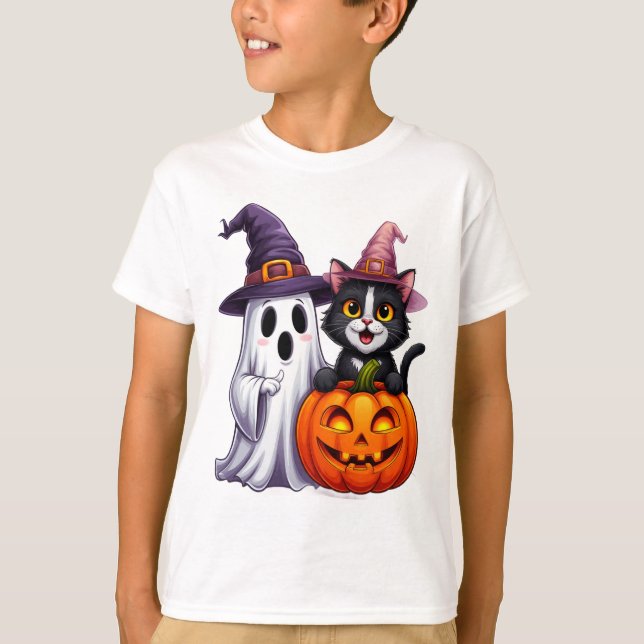 Camiseta Cute Ghost Black Cat Pumpkin Halloween Tee 🎃 (Anverso)