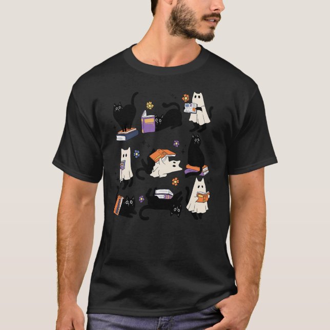 Camiseta Cute Ghost Cat Reading Books Lover Bookish Hallowe (Anverso)