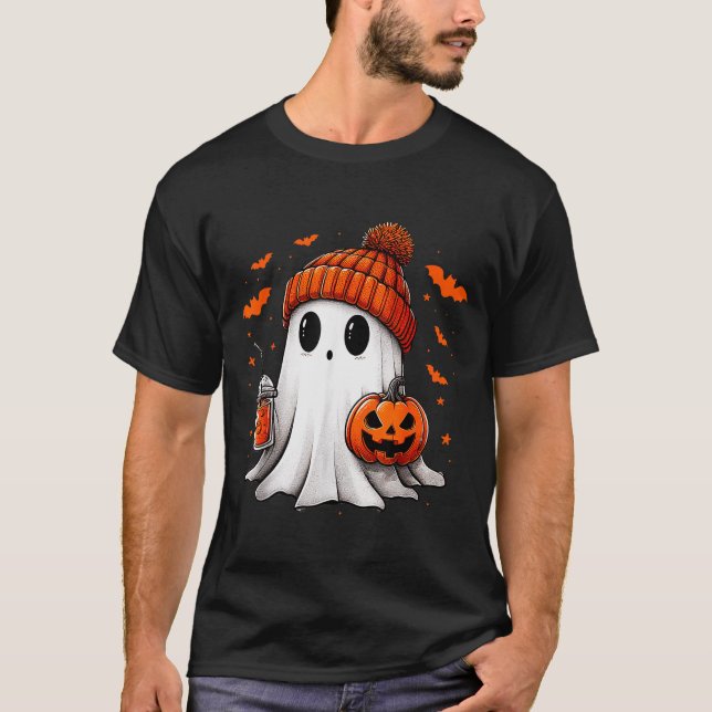 Camiseta Cute Ghost Drinking Ice Coffee Halloween Pumpkin M (Anverso)