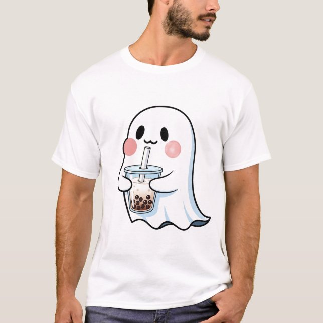 Camiseta Cute Ghost Holding Boba Tea Bubble Tea Kawaii  (Anverso)