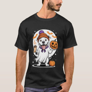 Camiseta Cute Ghost Pitbull Dog Pumpkin Drinks Beanie Fall 
