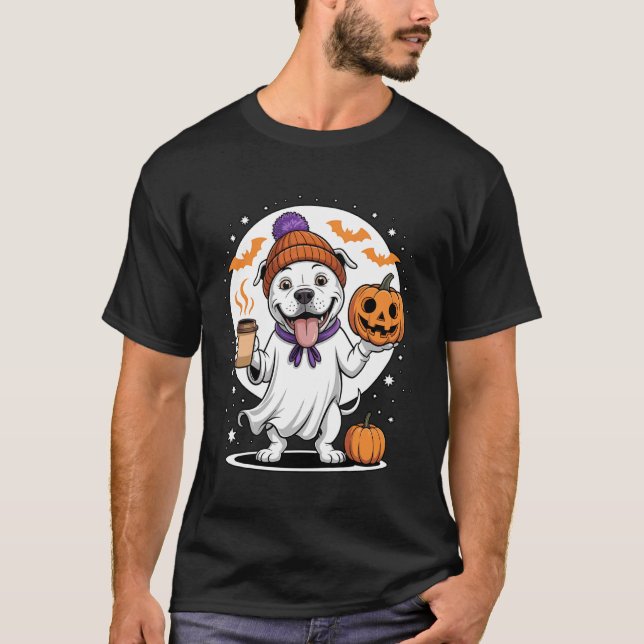 Camiseta Cute Ghost Pitbull Dog Pumpkin Drinks Beanie Fall  (Anverso)