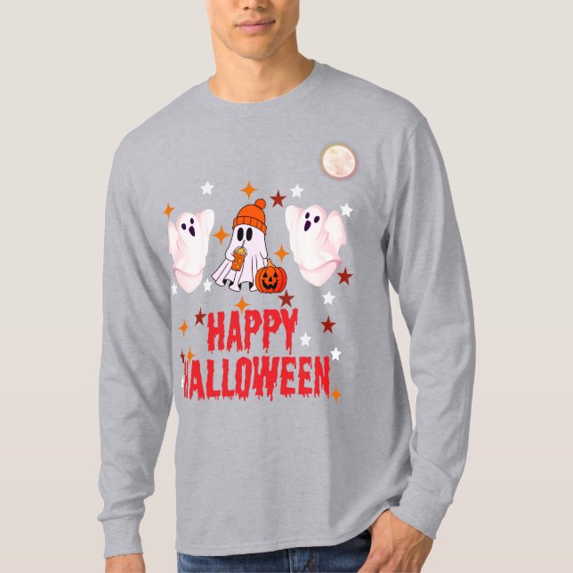 Camiseta Cute Ghost Trio Happy Halloween Long Sleeve (Anverso)