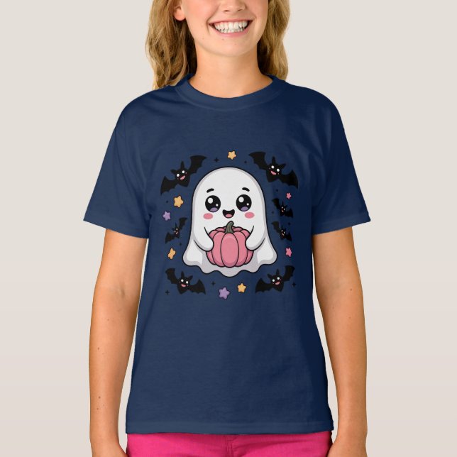 Camiseta Cute Ghost with Pumpkin and Bats  (Anverso)