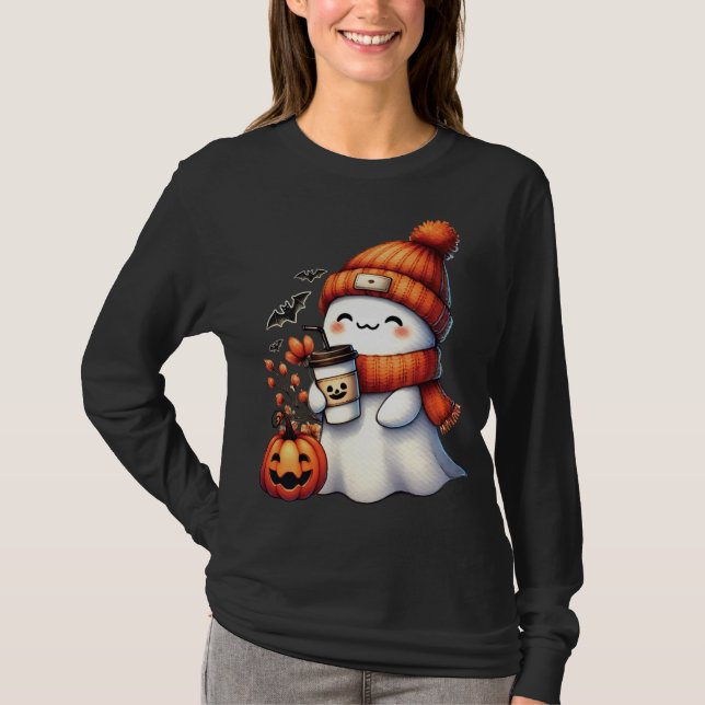 Camiseta Cute Ghoul Drinking Coffee Halloween Ghoul Coffee  (Anverso)