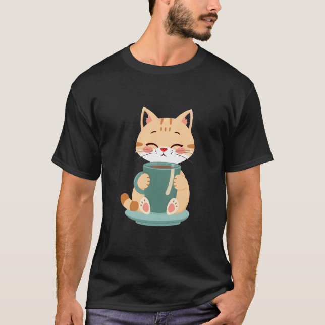 Camiseta Cute Ginger Cat Hugging Cozy Coffee Teal Mug ✨🐾☕ (Anverso)