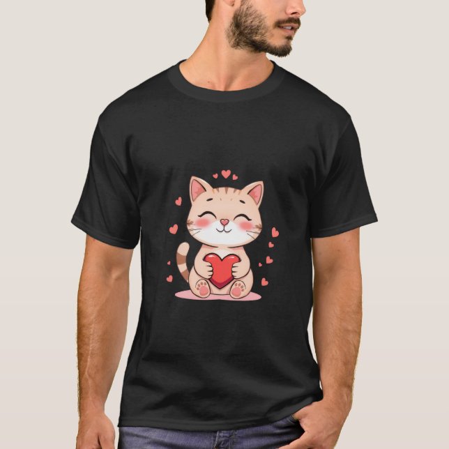 Camiseta Cute Ginger Cat Hugging Red Heart Love Art ✨🐾❤️ (Anverso)