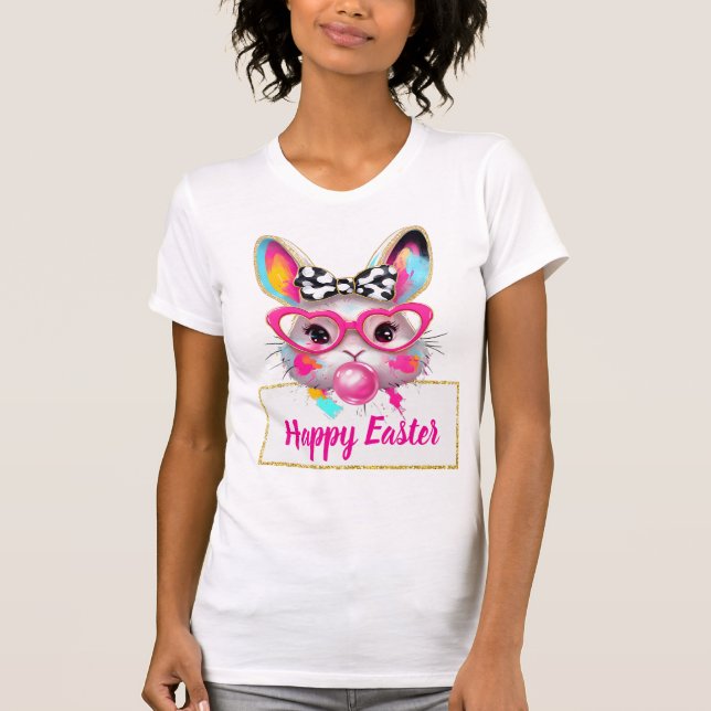Camiseta Cute Girly Easter Bunny Pink Heart Glasses Custom  (Anverso)