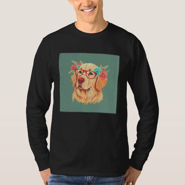 Camiseta Cute Golden Retriever Illustration Floral Glasses  (Anverso)