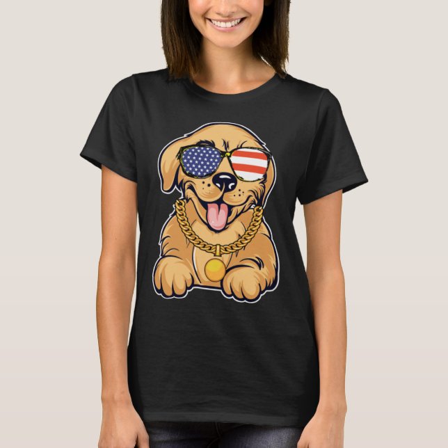 Camiseta Cute Golden Retriever With USA Sunglasses Patrioti (Anverso)