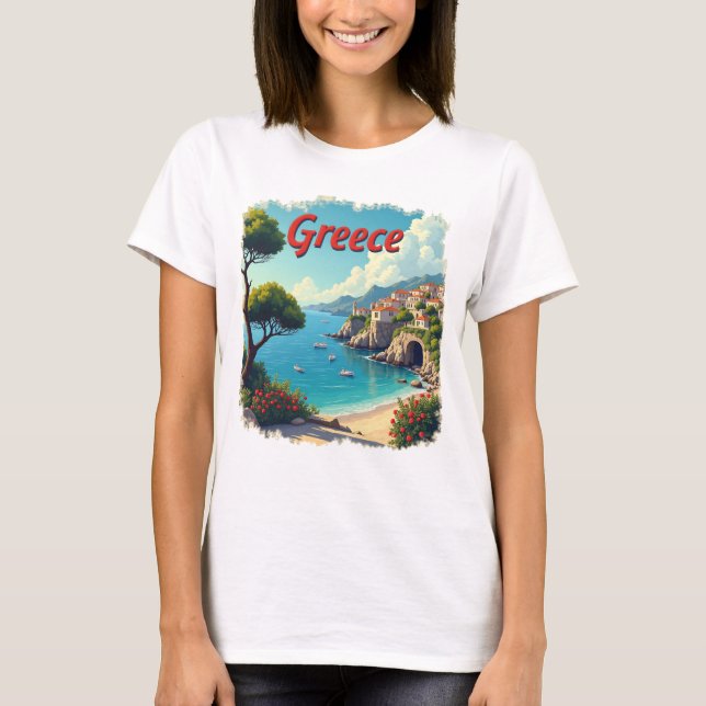 Camiseta Cute Grecia Seaside Scene Travel Tee (Anverso)