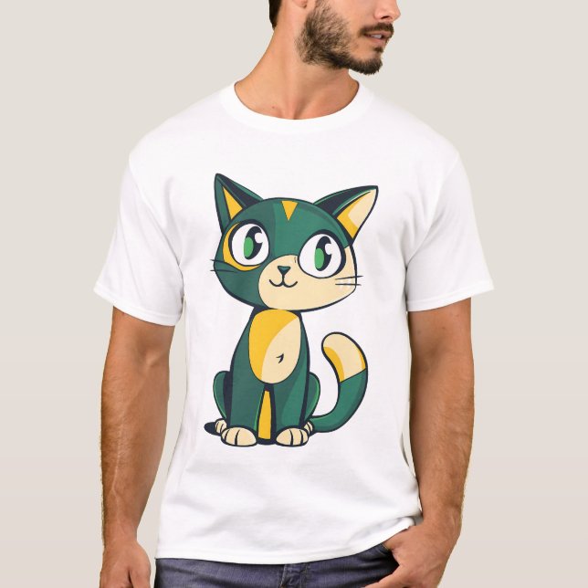 Camiseta Cute Green and Yellow Cartoon Cat Illustration (Anverso)