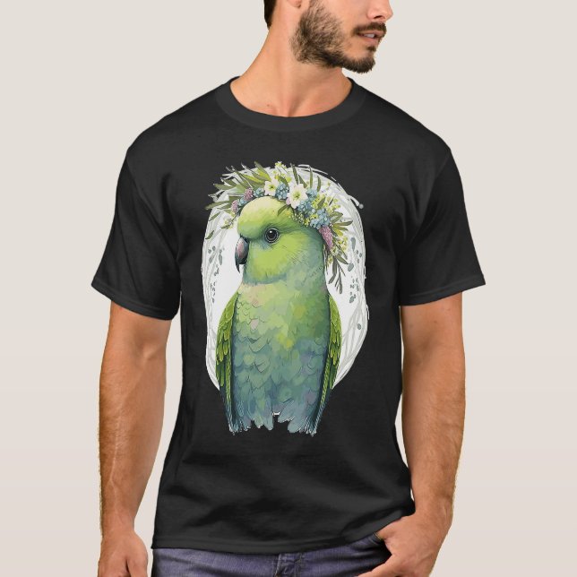 Camiseta Cute Green Budgie Parakeet Bird Flower Crown Pet B (Anverso)
