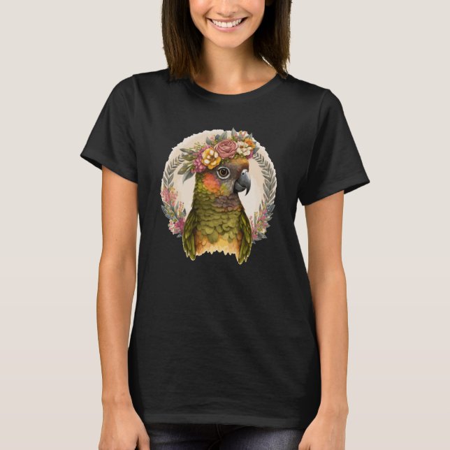 Camiseta Cute Green Cheek Conure Parrot Bird Flower Crown P (Anverso)