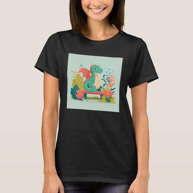 Camiseta Cute Green Dragon sitting on bench in a garden for (Anverso)