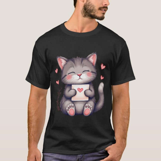 Camiseta Cute Grey Kitten Holding Love Letter ✨🐾💌 (Anverso)