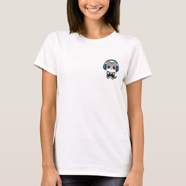 Camiseta Cute Grey Tabby Gamer Cat with Blue Headphones and (Anverso)
