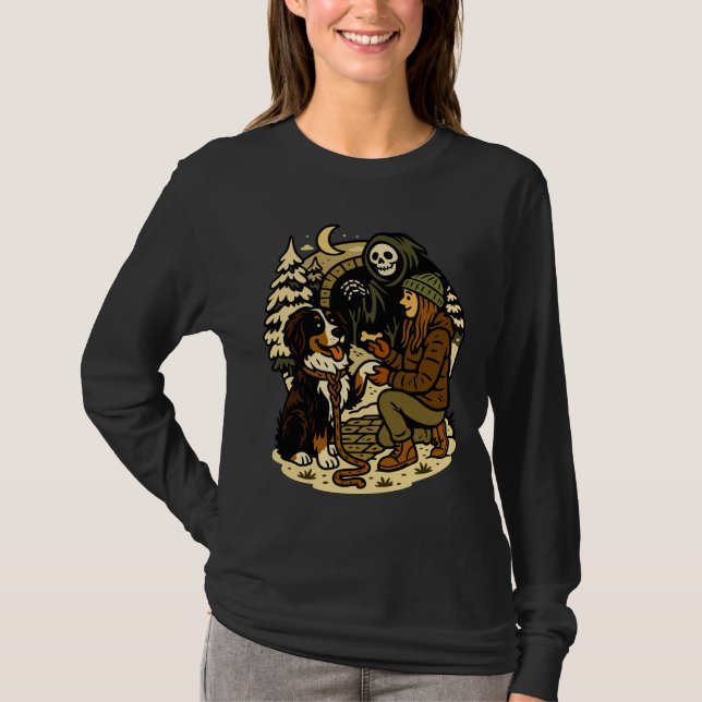 Camiseta Cute Grim Reaper Girl and Dog Spooky Forest Night (Anverso)