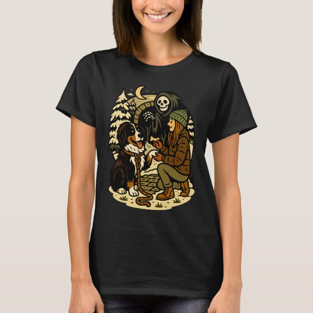 Camiseta Cute Grim Reaper Girl and Dog Spooky Forest Night (Anverso)
