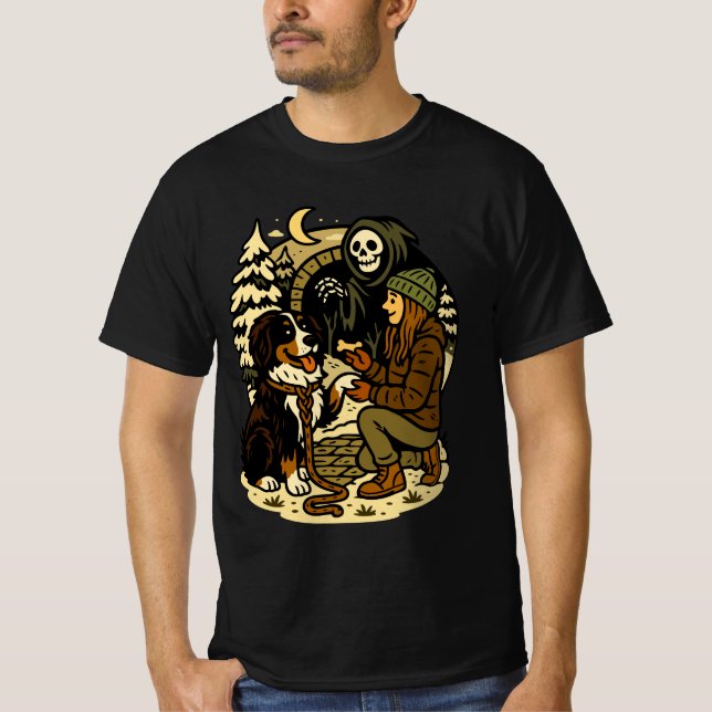 Camiseta Cute Grim Reaper Girl and Dog Spooky Forest Night (Anverso)
