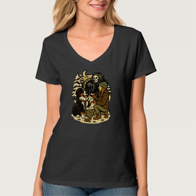 Camiseta Cute Grim Reaper Girl and Dog Spooky Forest Night (Anverso)