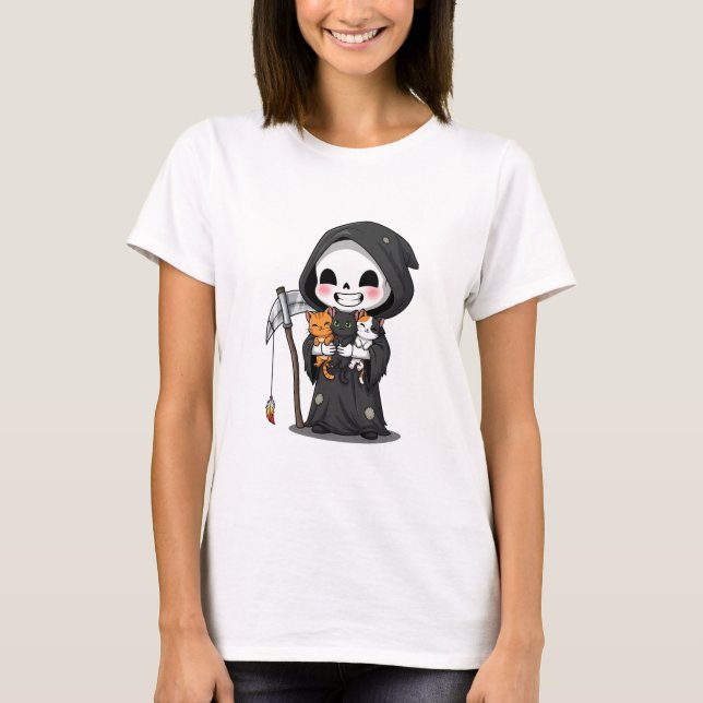 Camiseta Cute Grim Reaper Holding Three Cats Cartoon (Anverso)