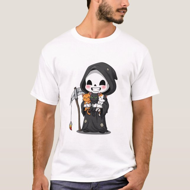 Camiseta Cute Grim Reaper Holding Three Cats Cartoon (Anverso)