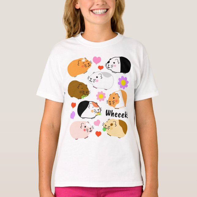 Camiseta Cute Guinea Pigs with Hearts and Flowers (Anverso)