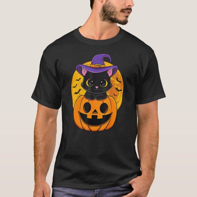 Camiseta Cute Halloween Black Cat Witch Hat Pumpkin (Anverso)