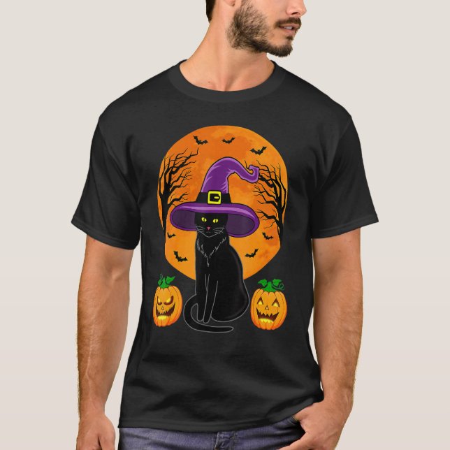 Camiseta Cute Halloween Black Cat Witch Hat Pumpkin For Kid (Anverso)