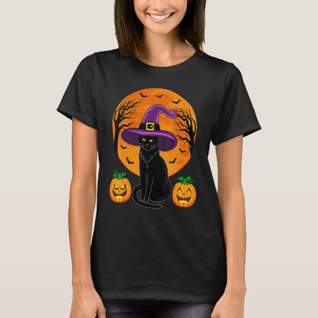 Camiseta Cute Halloween Black Cat Witch Hat Pumpkin For Kid (Anverso)