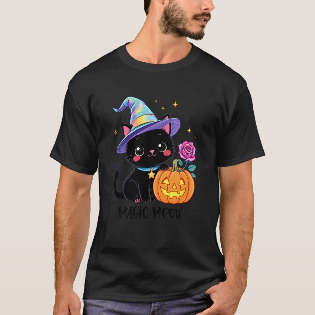 Camiseta Cute Halloween Black Cat Witch Hat Pumpkin Rose (Anverso)